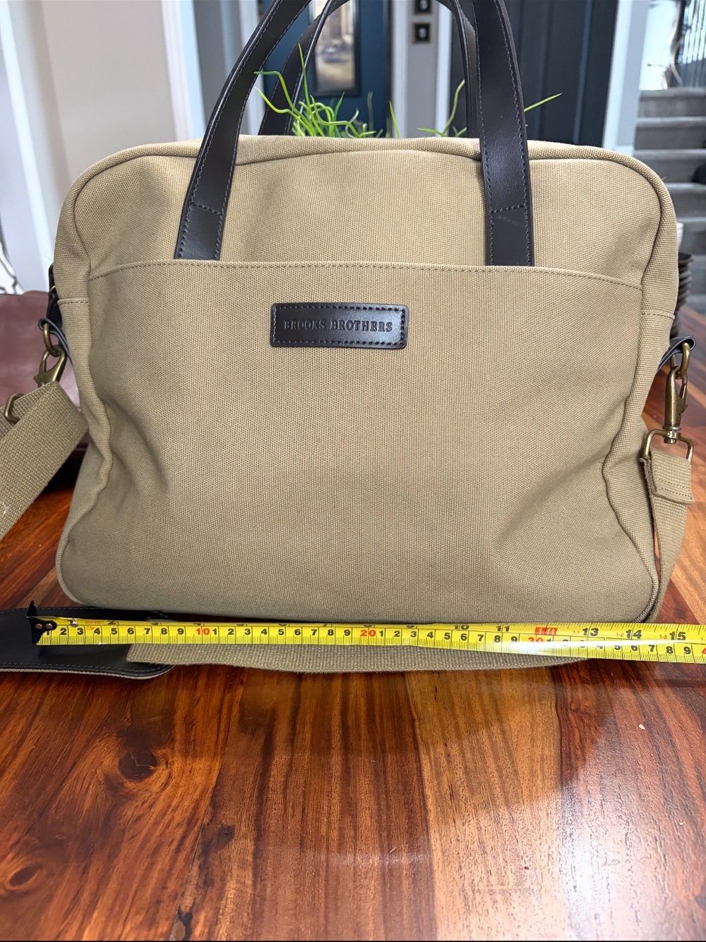 Brooks Brothers Khaki Canvas Duffel with Dark Brown Leather Handles